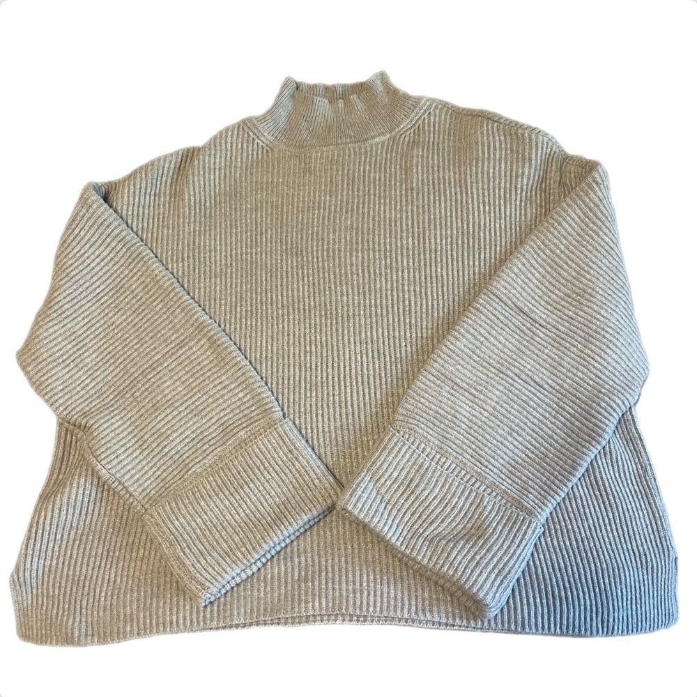 Worthington Ribbed Cropped Mockneck Grey Sweater Wide Cuffed Sleeves Size XS